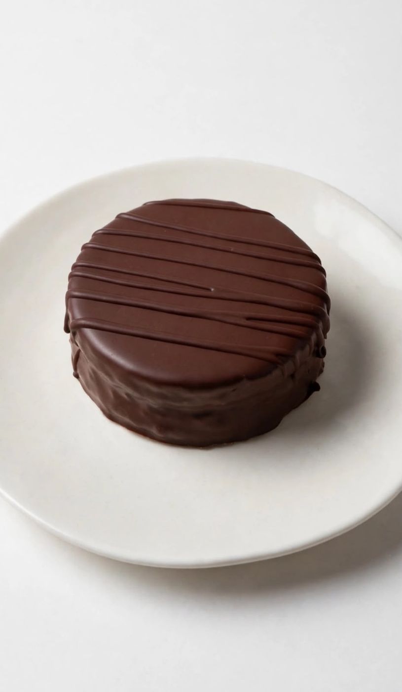 Alfajor Ganache de Momento bañado en chocolate, sobre un plato blanco.